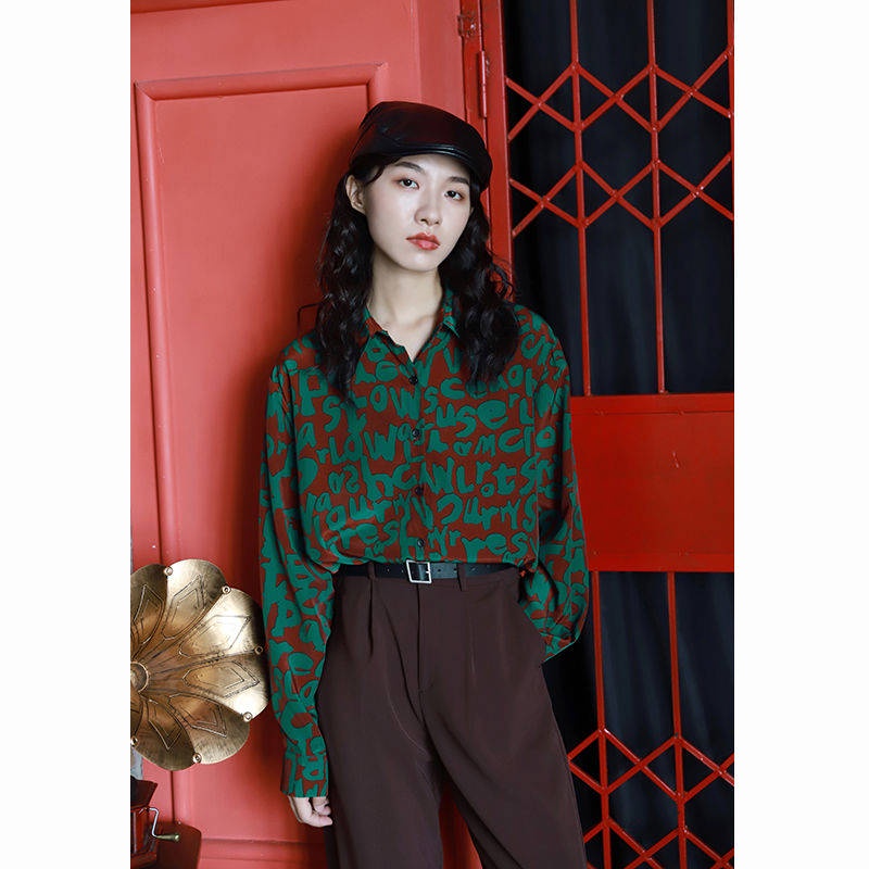 Hàng Đầu Áo Sơ Mi Nữ Tay Dài Màu Xanh Lá Cây In Hình Tiên Cá Phong Cách Retro Mùa Xuân Hè Năm 2021