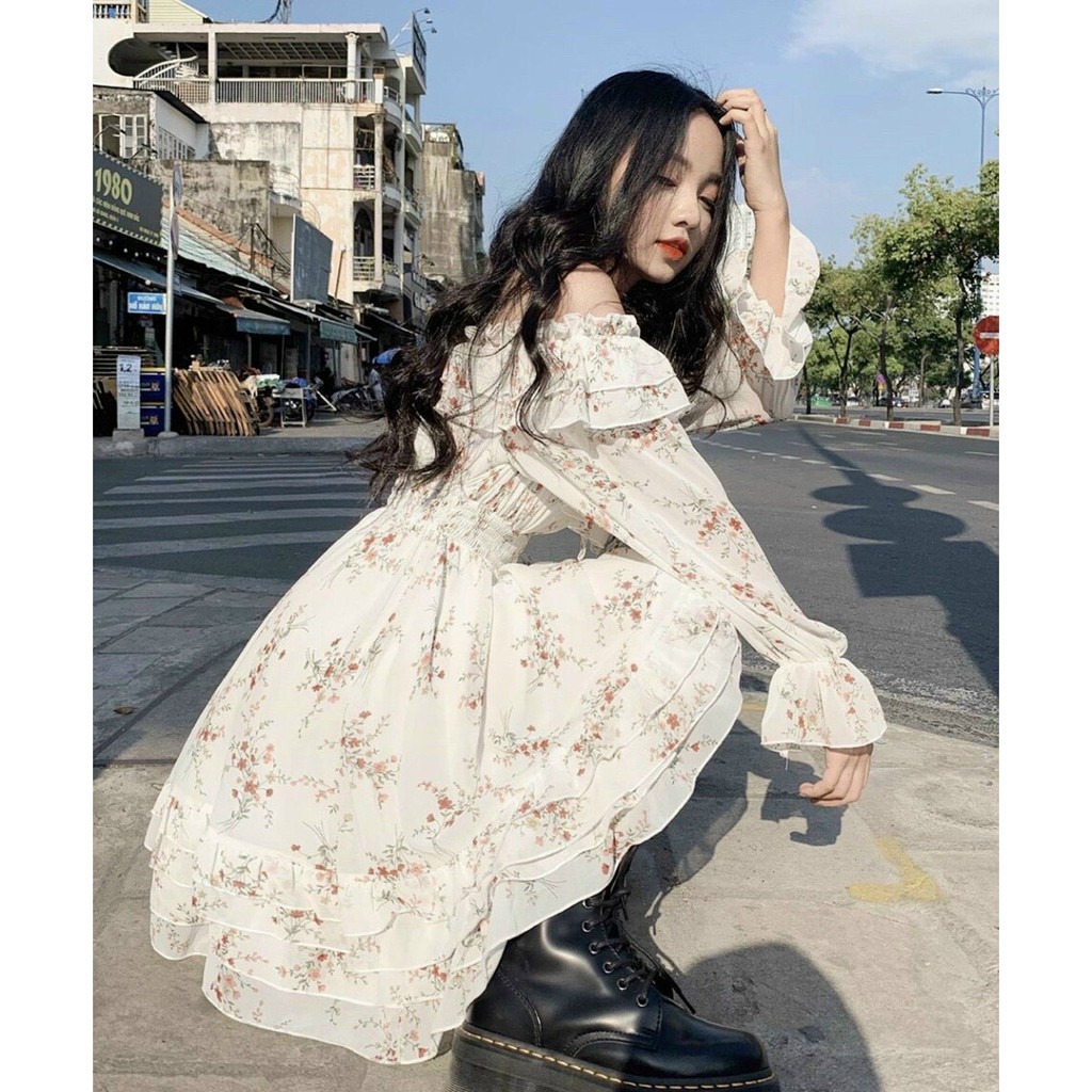 _Đầm Voan hoa nhí bẹt vai bo nhún mang được 2 kiểu xinh xắn tiểu thư PHS1005