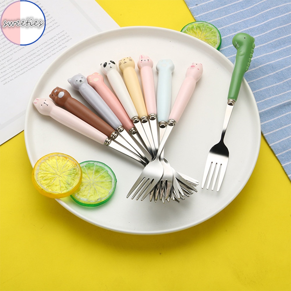 Muỗng/ Nĩa ăn bằng thép không gỉ tay cầm thiết kế kiểu động vật hoạt hình dễ thương dành cho trẻ em