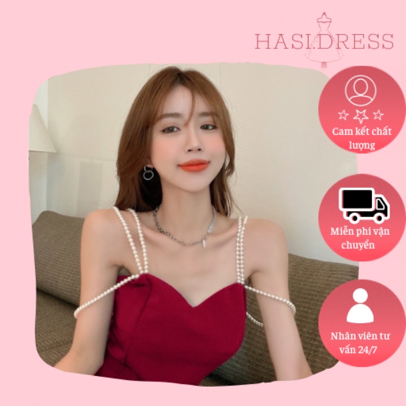 Đầm đỏ đính ngọc trai clip quay cận cảnh chất vải hàng có sẵn