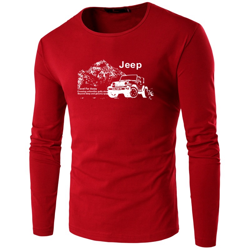 Áo Thun Nam Dài Tay Cổ Tròn Dáng Rộng Vải Cotton Màu Trơn In Logo Jeep Thời Trang Mùa Thu