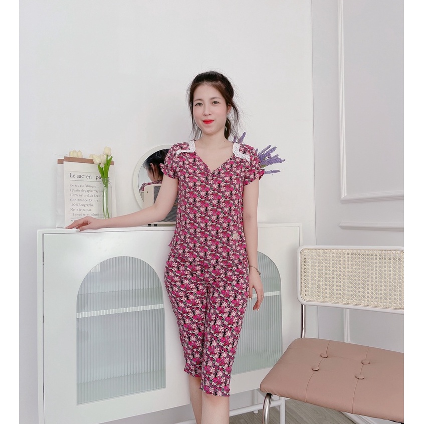 Bộ mặc nhà chất lụa mềm lửng 1 nơ hoa
