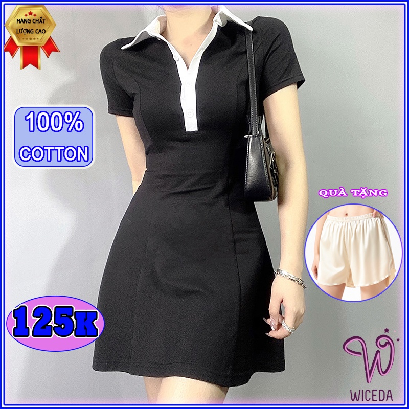 Váy polo body tay ngắn xinh Wiceda,đầm dự tiệc dáng xòe 2 màu đen trắng chất liệu thun gân 100% cotton mềm,mịn VD608