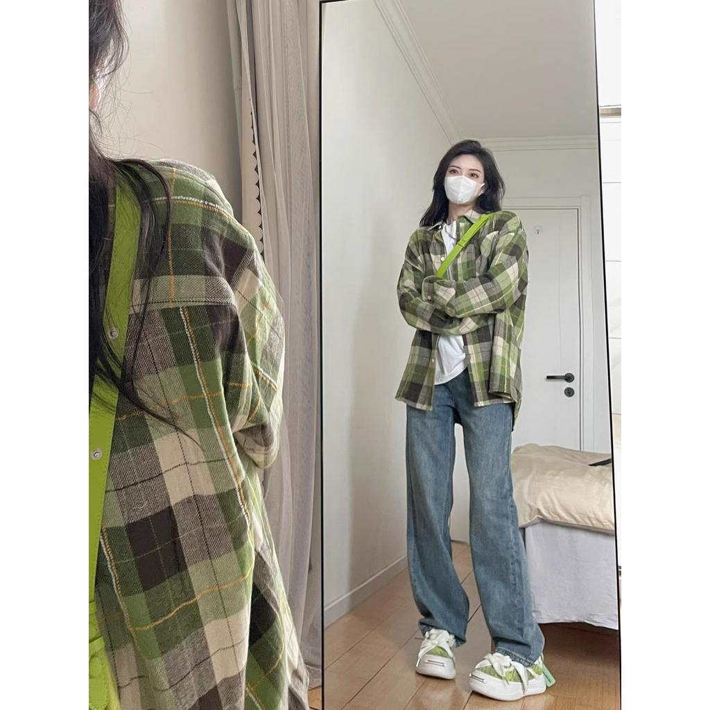 Xiaozhainv Áo Sơ Mi Caro Tay Dài Dáng Rộng Phong Cách retro Cho Nữ