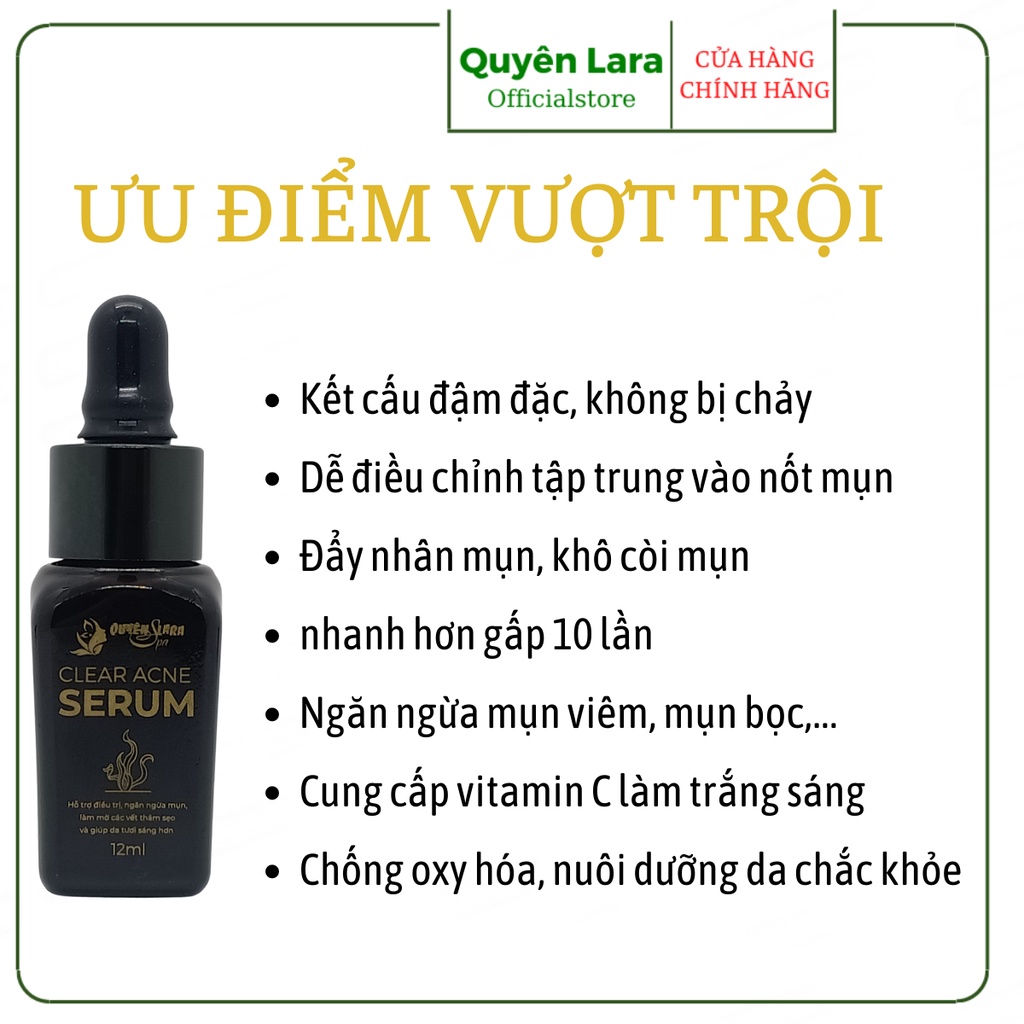 Serum Ngăn Ngừa Mụn Và Thâm ,Se Khít Lỗ Chân Lông Giúp Da Sáng Mịn Clear Acne Quyên Lara 12Ml