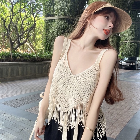 Áo dệt kim ZHELIHANGFEI 2 dây tua rua phong cách quyến rũ