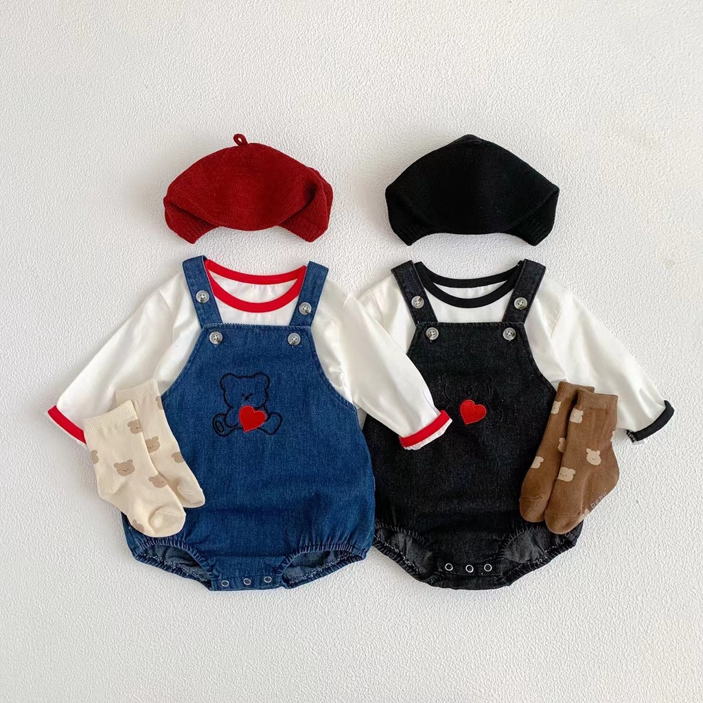 Bộ Áo Liền Quần Denim Tay Dài Thời Trang Mùa Đông Phong Cách Hàn Quốc Cho Bé Sơ Sinh