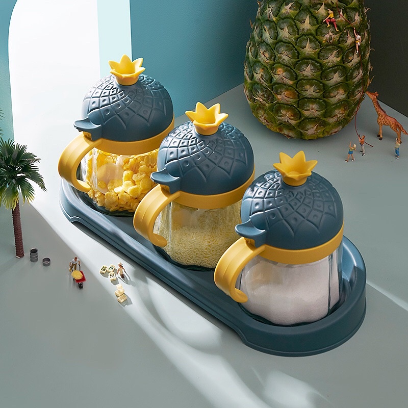 SET 3 hũ gia vị cao cấp có quai cầm và nắp đậy tặng kèm khay đựng và muỗng