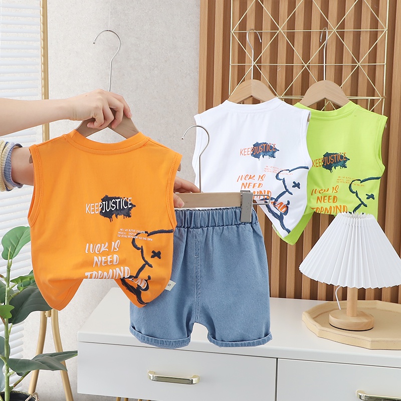 Set Đồ Mùa Hè 2 Món Gồm Áo Ba Lỗ Cotton In Hình Gấu Hoạt Hình Và Quần Ngắn Thời Trang Cho Bé Trai Và Gái