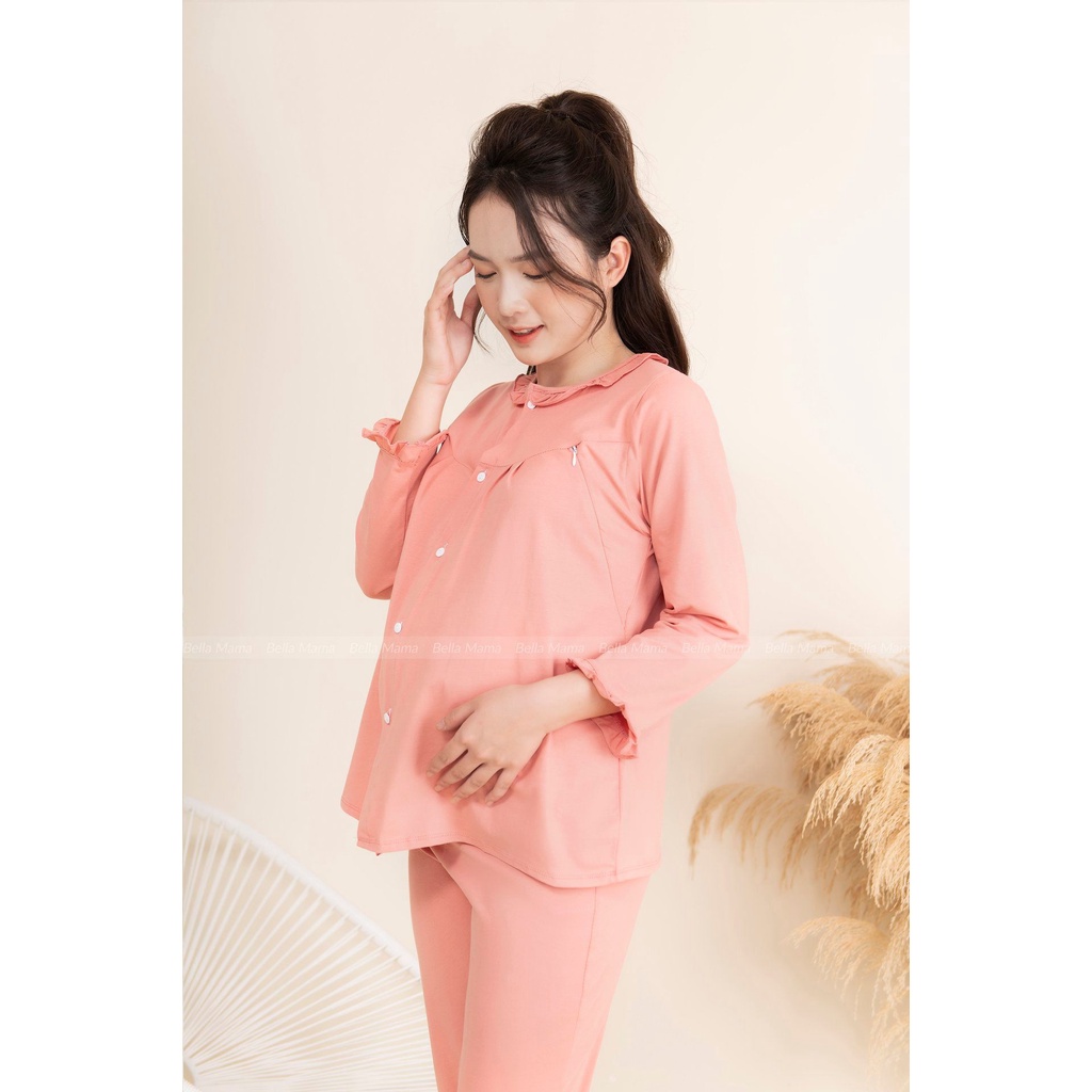 Bộ Bầu Mặc Nhà 100% Cotton Mềm Mại Mở Cúc, Đồ Bầu Sau Sinh Có Khóa Mở Cho Bú Và Chun Chỉnh Bụng Bella Mama - BN2