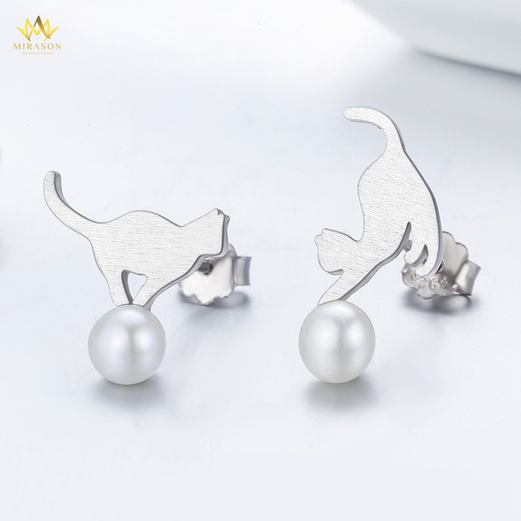 Khuyên Tai Bạc Nữ MIRASON Mèo Chơi Đùa Cùng Hạt Trai Nhân Tạo Dễ Thương MBT134 - Bông Tai Nữ Bạc 925 Cao Cấp