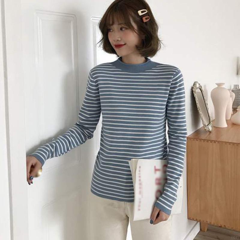 Áo Len Nữ Dài Tay Cổ Lọ Sọc Ngang Thời Trang Hàn