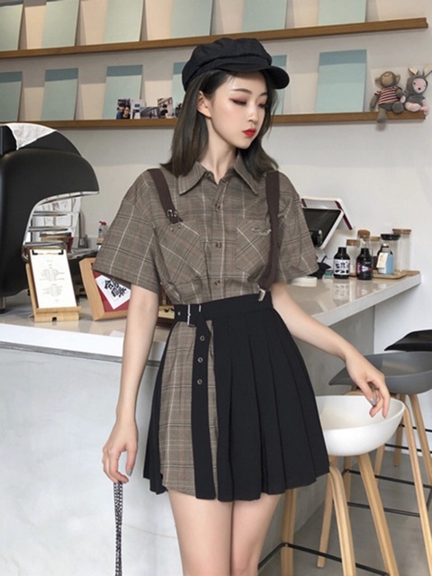 [ORDER+ẢNH THẬT] Set váy áo sơ mi kẻ dáng dài + chân váy xếp li cách điệu Ulzzang BLACK PINK siêu xinh - độc - hot | BigBuy360 - bigbuy360.vn