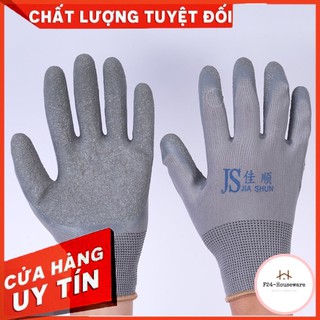 Găng tay JS xám phủ PU lòng bàn tay, chống trượt bảo hiểm lao động