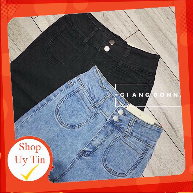 Quần Jean Nữ - Hàng VNXK, Quần Bò Chất Cotton Dáng Skinny Dài Ôm 2 Cúc, Ống Bó Cạp / Lưng Cao, 2 Màu Đen / Xanh Co Giãn
