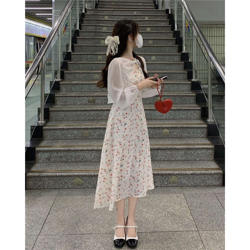 Váy Hai Dây Hoa Nhí, Đầm Hai Dây Hoa Nhí + Áo Khoác Cardigan Mỏng Phong Cách Hàn Quốc | BigBuy360 - bigbuy360.vn