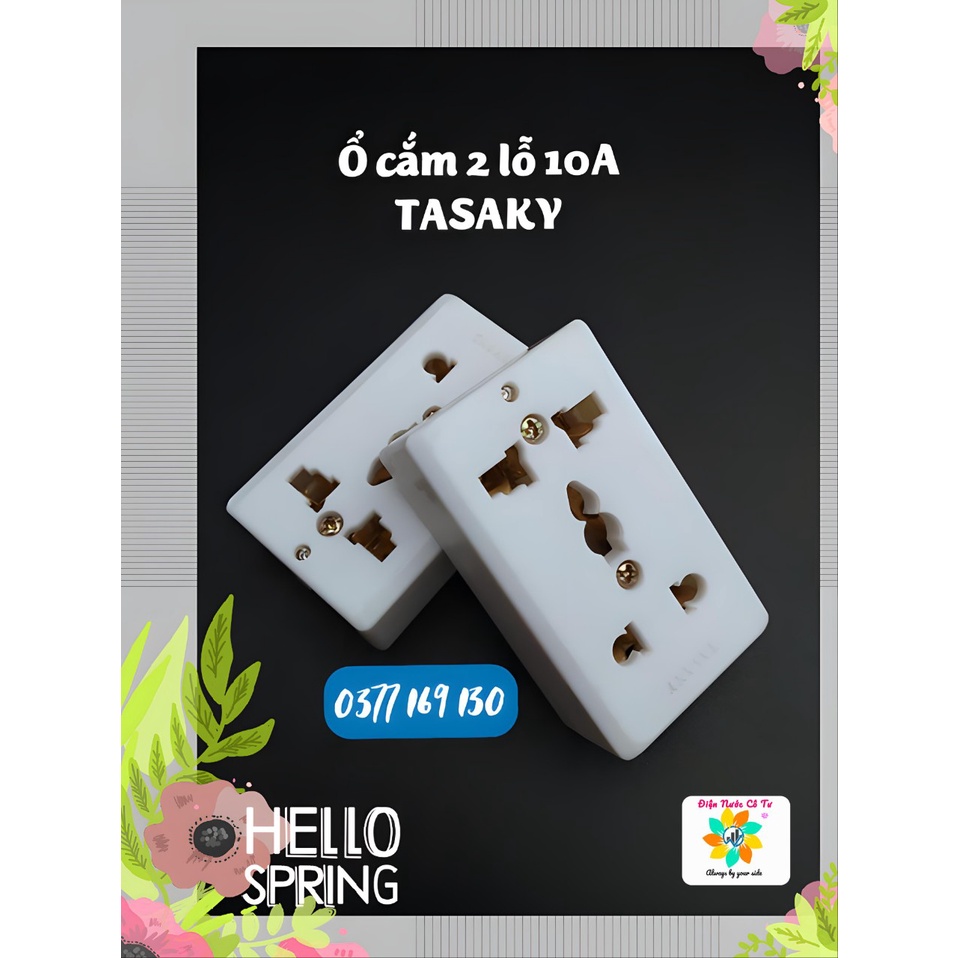 Ổ cắm 2 lỗ 10A 2200w Tasaky (tương thích ngọt chân cắm 4ly &amp; 5ly)