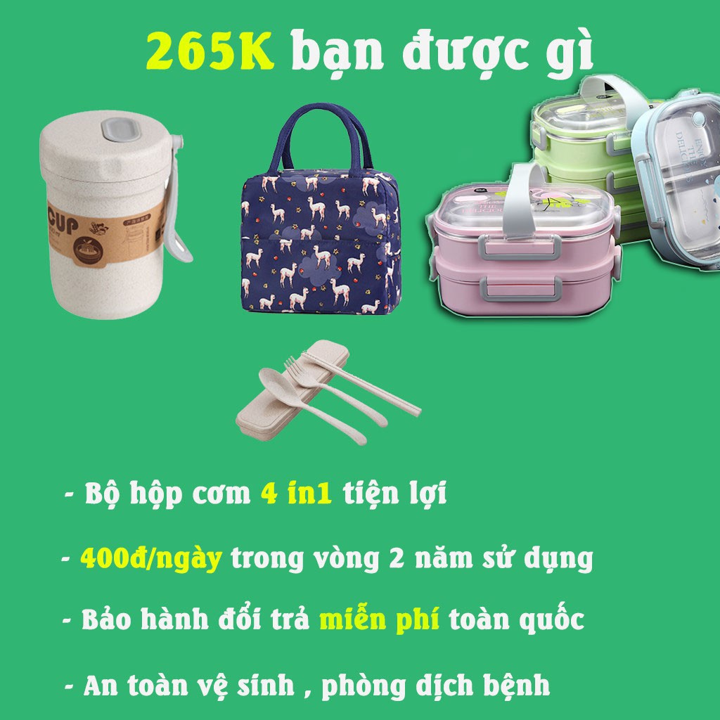 Hộp Cơm Giữ Nhiệt 2 Tầng 3 Ngăn Cao Cấp Chất Liệu Khay Inox304 Không Gỉ Chống Tràn HC-02