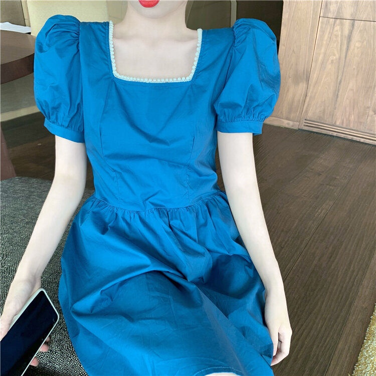 Đầm chữ A tay phồng cổ vuông đính ngọc trai giả phong cách Pháp cổ điển thời trang dành cho nữ