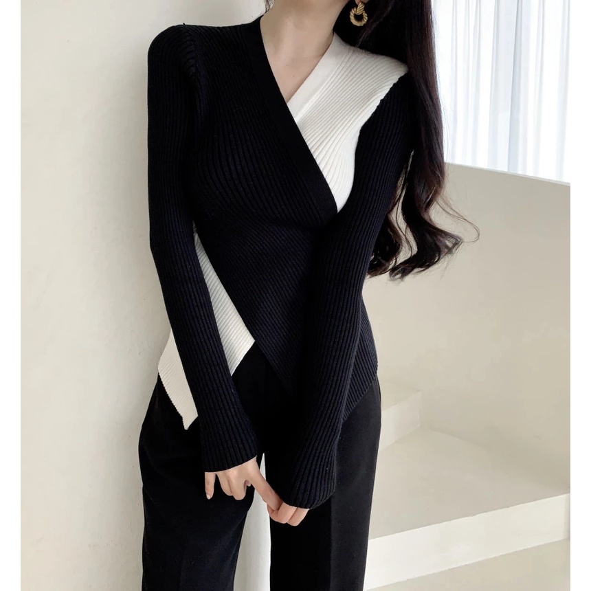 SUXI Áo kiểu dệt kim tay dài cổ chữ V bắt chéo màu sắc tương phản phong cách Hàn Quốc thời trang dành cho nữ