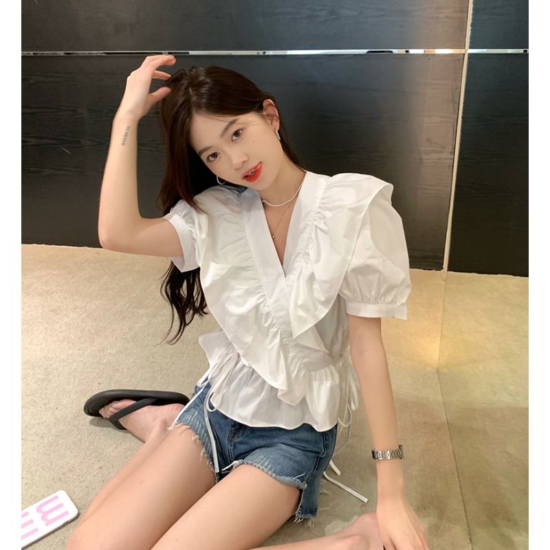 Áo Sơ Mi Ngắn Cổ Chữ V Phối Bèo Thời Trang Mùa Hè 2022 Mới
