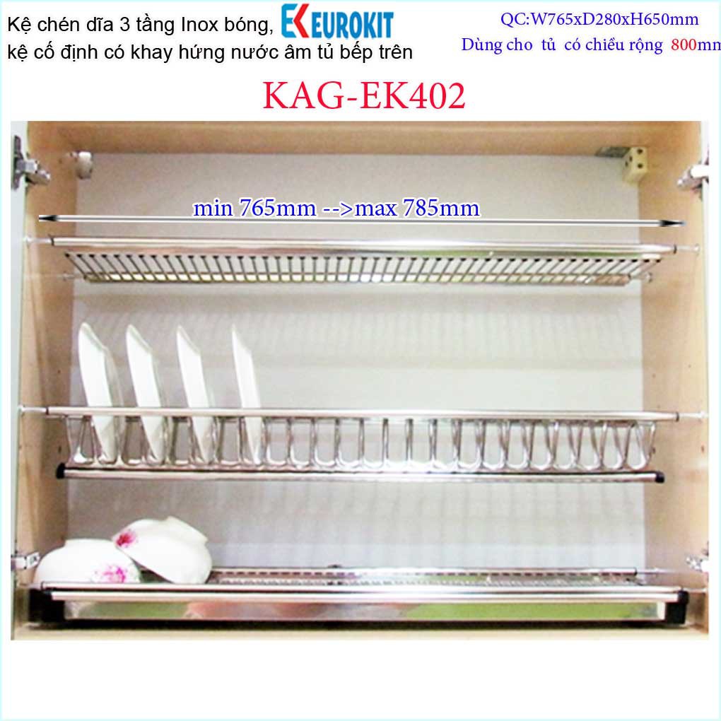 Kệ chén dĩa 3 tầng âm tủ chữ V KAG-EK402-80cm, kệ chén âm tủ Eurokit 80cm Inox bóng cao cấp