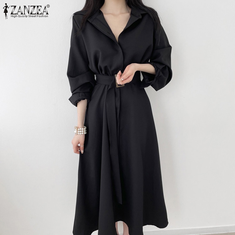 Đầm Zanzea tay dài cài nút có thắt lưng màu trơn phong cách cổ điển thanh lịch