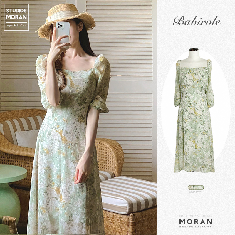 Váy MORAN voan hoa xanh cổ vuông nhẹ nhàng tiểu thư sang trọng kiểu Pháp xòe dài