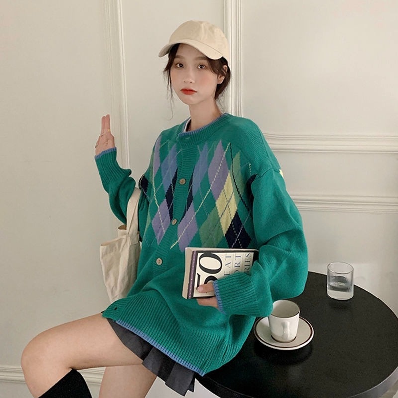 Áo khoác Cardigan dệt kim dáng rộng họa tiết kim cương xanh lá thời trang cho nữ