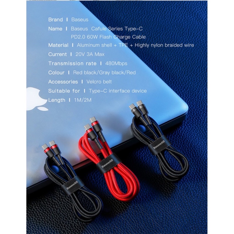 Cáp sạc 2 đầu type c baseus 60w - dây sạc nhanh type c to type c qc3.0 macbook ipad samsung