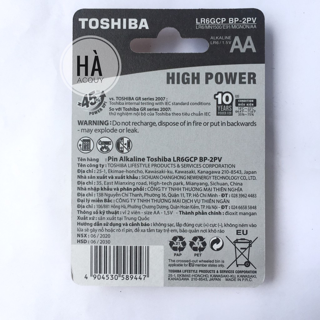 2 Viên Pin AA Alkaline Toshiba High Power, 1.5V - Chính hãng