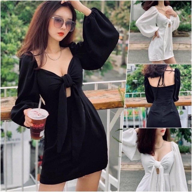Đầm tay dài xẻ ngực trắng - đen
