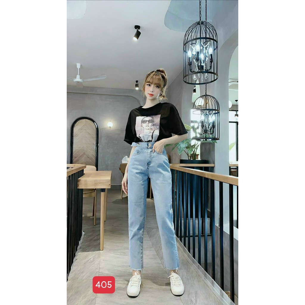 Quần baggy jean nữ ❤️FREESHIP❤️ Quần jeans nữ baggy phối lưng kiểu dáng trơn cạp cao lai tua A-T Fashion - BG405