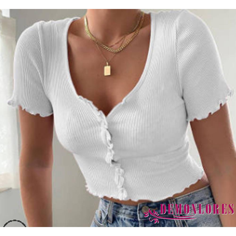 Áo Thun Ngắn Tay Cổ Chữ V Màu Trơn Thời Trang Mùa Hè