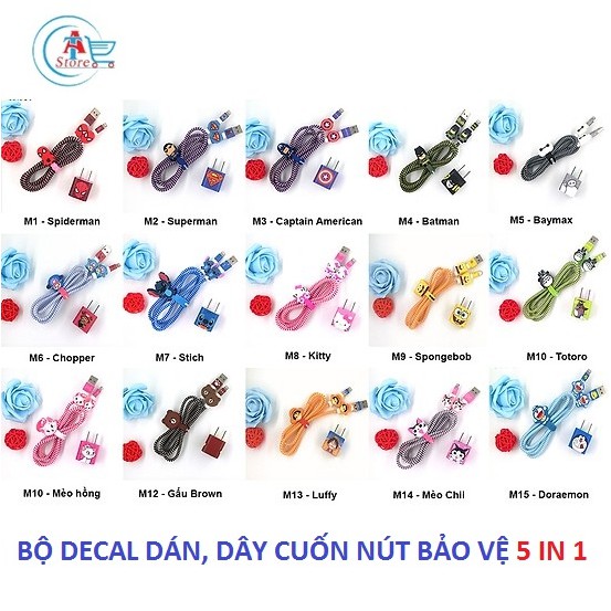 Bộ 5 Món Decal Dán, Dây Cuốn, Nút Bảo Vệ Cáp Sạc, Tai Nghe Loại đẹp