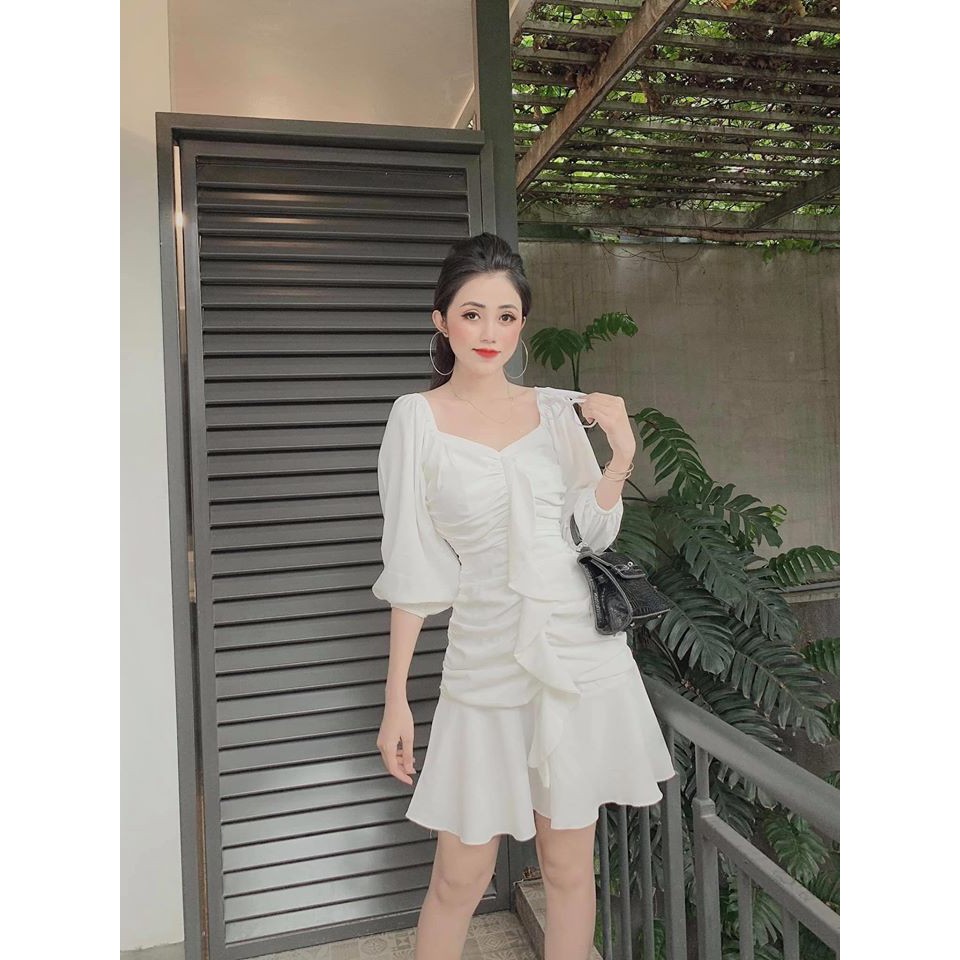 Đầm trắng nhún tay phồng siêu xinh kèm ảnh thật