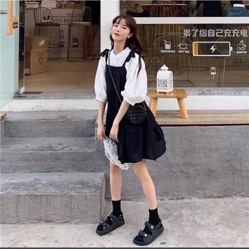 Set áo sơmi kèm váy yếm cúc | BigBuy360 - bigbuy360.vn