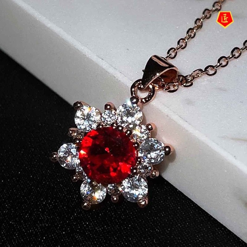 Vòng cổ Mạ Vàng Hồng 18k Mặt Hoa Hướng Dương Đính Đá Ruby