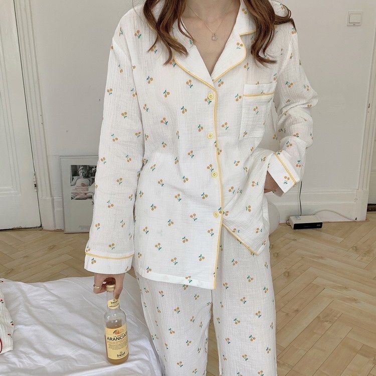 [Order - có ảnh thật] Bộ đồ ngủ nữ mặc ở nhà chất xô muslin hình quả cam Ulzzang | BigBuy360 - bigbuy360.vn