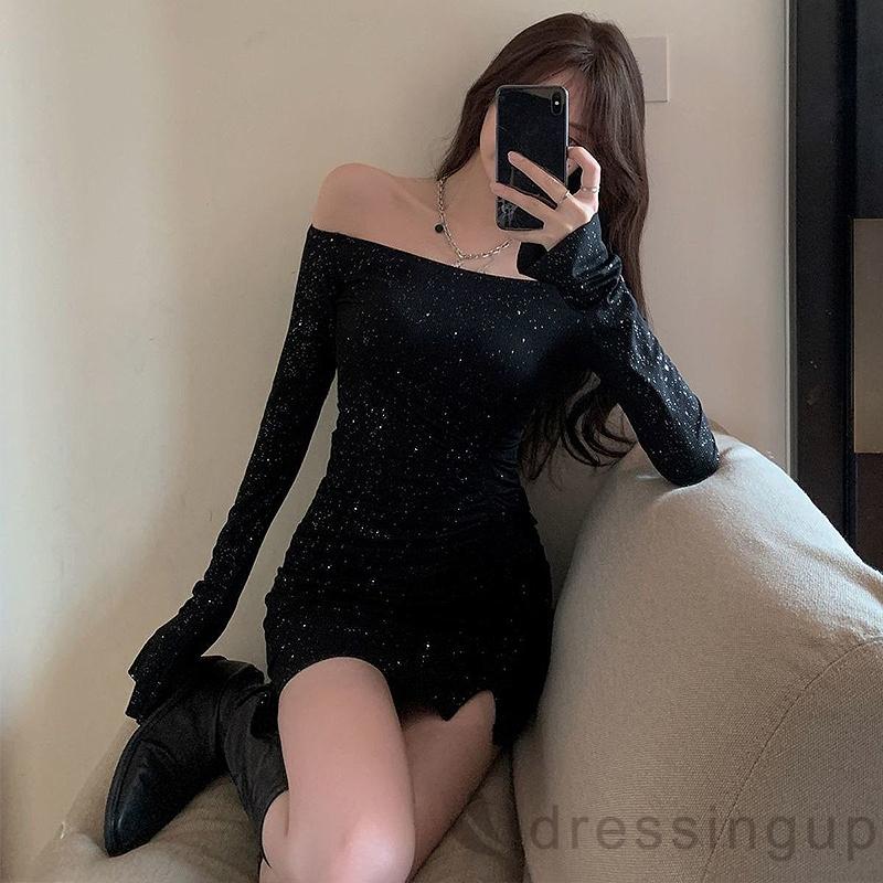 Đầm ôm dáng trễ vai màu đen đính đá thời trang cho nữ