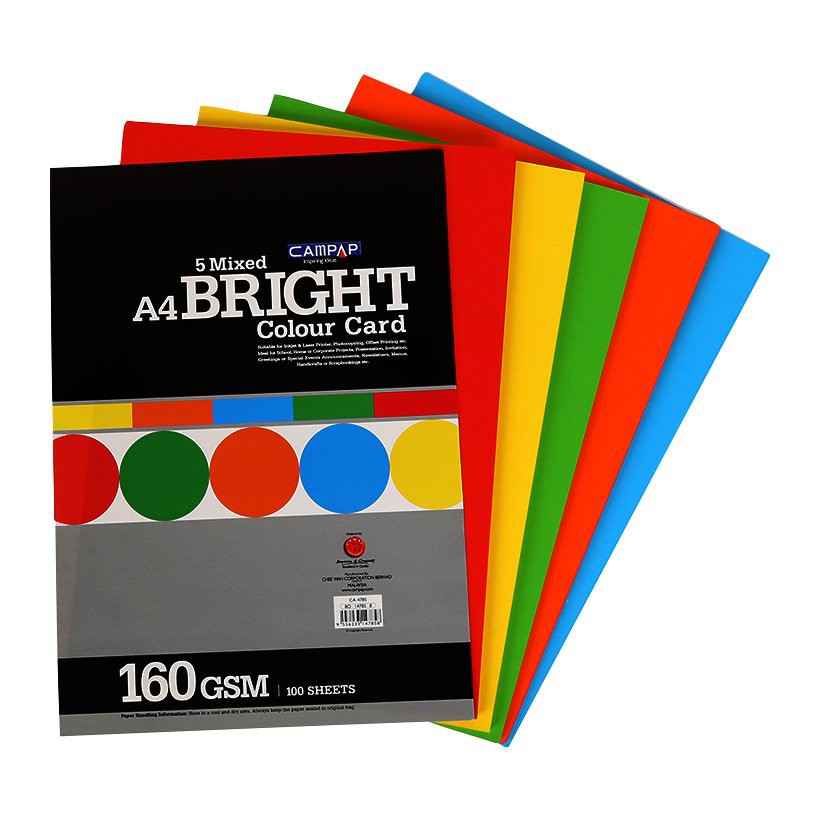 Tập giấy màu tươi sáng BRIGHT COLOUR PAPER CA4785 gồm100 tờ, khổ A4, 160gsm (5 màu)