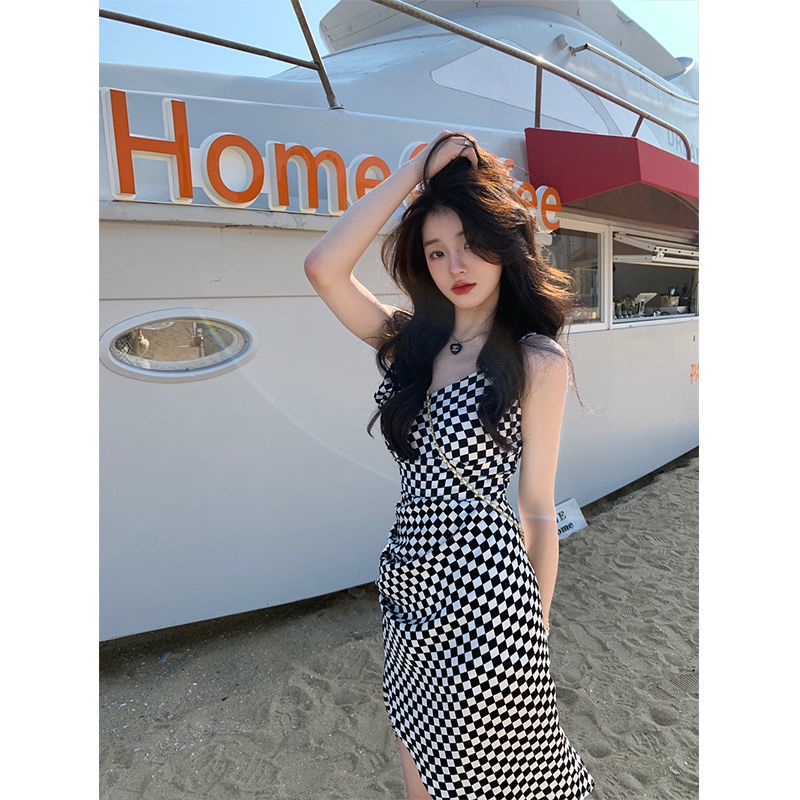 JSC Jiashucheng Đầm Dài Hai Dây Dáng Ôm Họa Tiết Kẻ Sọc Phong Cách Retro Mùa Hè Mới Cho Nữ