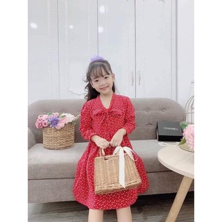 Váy tiểu thư dài tay chấm bi thắ nơ siêu xinh