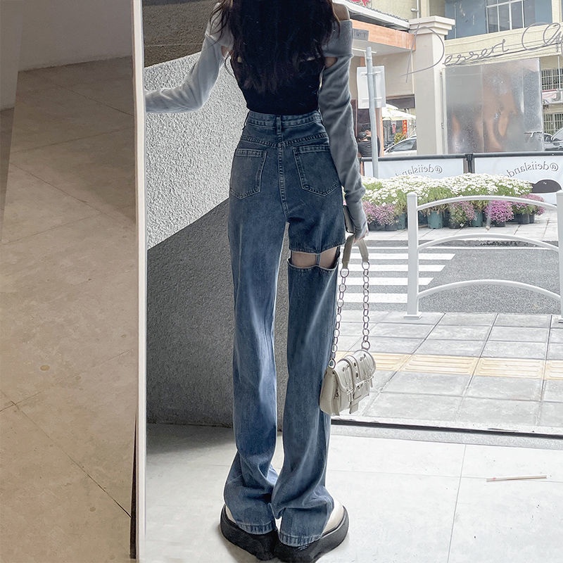 Phong cách mới!F &amp; X Quần Jeans Rách Ống Rộng Lưng Cao Thời Trang Mùa Hè Cho Nữ 2022
