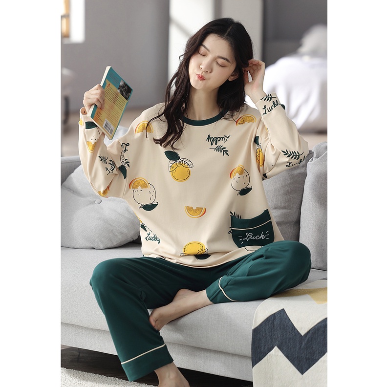 [Hàng Oder Sẵn] Bộ đồ ngủ thu đông in hình dễ thương chất liệu Cotton co giãn 4 chiều mặc nhà và đi chơi- Cam
