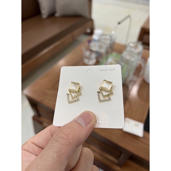 Hoa tai bạc s925 ba hình vuông đính đá sang trọng cho nữ thời trang Hàn Quốc Lémi accessories