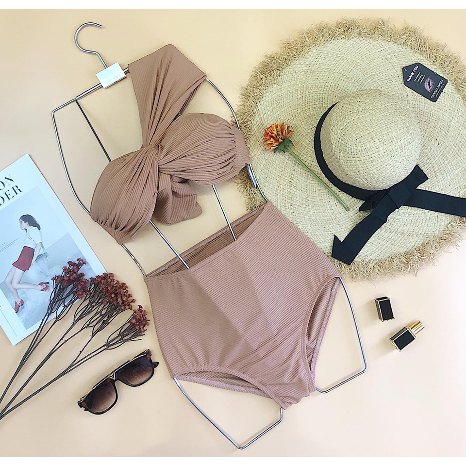 Bộ bơi bikini 2 mảnh lệch vai thắt nơ cạp cao giấu bụng tôn dáng | BigBuy360 - bigbuy360.vn
