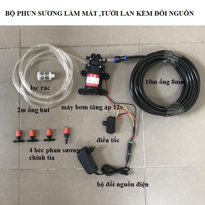 Bộ máy phun sương tưới lan, làm mát 4,6,8,10 béc kèm đổi nguồn,điều tốc