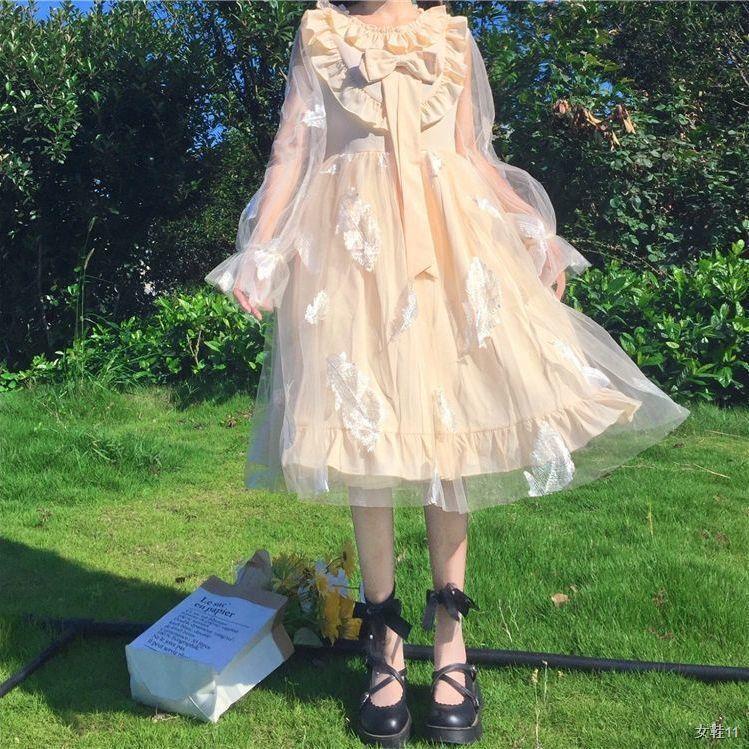 Váy cổ tích Lolita mùa hè Cô gái mềm mại Nhật Bản sợi lưới nơ thắt nút nấm ren công chúa