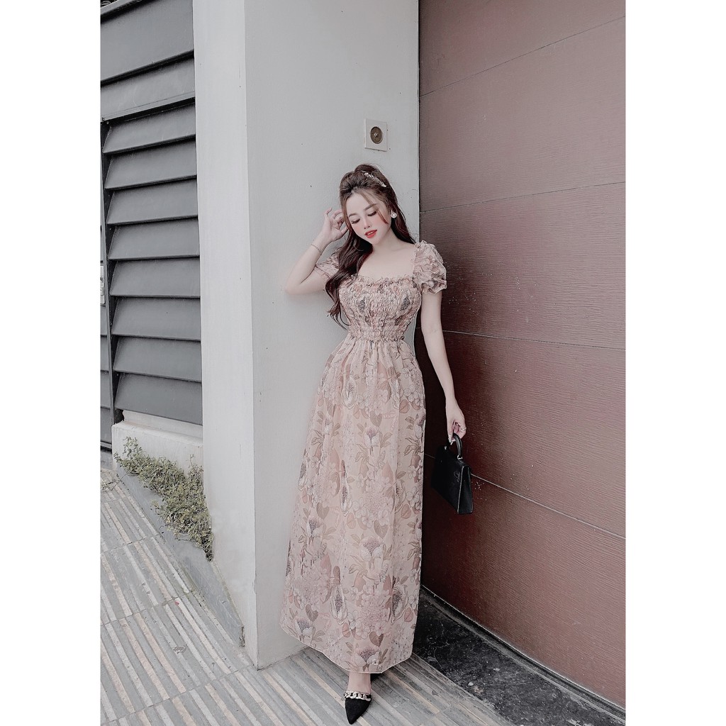 Đầm Maxi Hoa Cổ Vuông, Tay Ngắn Phồng, Nhún Ngực Chun Eo Ren Bèo, Dán suông (ECH012) - Vải Voan - 3 Màu Xanh, Hồng, Nude | BigBuy360 - bigbuy360.vn